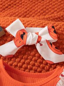 SHEIN 1件装女婴万圣节服装，罗纹面料荷叶边蝴蝶结南瓜印花连体衣，配发带，可爱连体衣，适合秋/春季穿着，万圣节南瓜宝宝套装，适合万圣节派对秋冬季