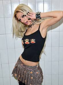Paul Frank X ROMWE 女士 Kpop Y2K 猴子印花修身露脐吊带背心 - 黑色 - 查看 5