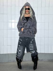 Paul Frank X ROMWE Casual Graphic Women Kpop Y2K Oversized Monkey Print Zip Up Hoodie - Grey - View 7
