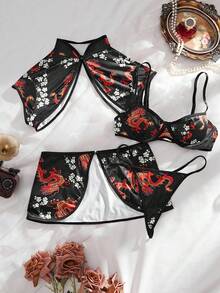 4件套性感印花钢圈聚拢镂空内衣套装