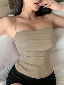 DAZY Built-In Padded Ruched Design Fitted Camisole Tank Top Crop Women Tops - Olive Green - View 6