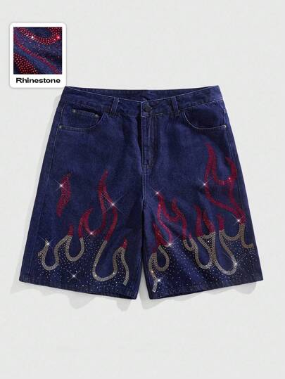 Street Life Shorts en jean pour hommes avec motif diamant coloré et flamme