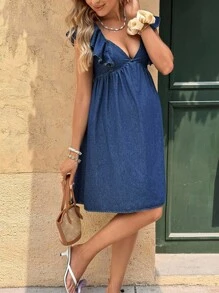 SHEIN Maternity Summer Casual Vacation Keyhole Neck Backless Tie Ruffle Armhole Bustier Denim Dress, Spring/Autumn