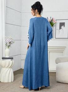 Al Najma Váy xòe thêu phong cách Ả Rập thanh lịch cho nữ - Xanh đậm - Xem 2