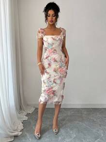 Elenzga Women's Elegant Romantic Mesh Floral Print Ruched Waist Mid-Length Dress, Suitable For Wedding, Party, Date, Shopping And Other Occasions, Spring/Summer