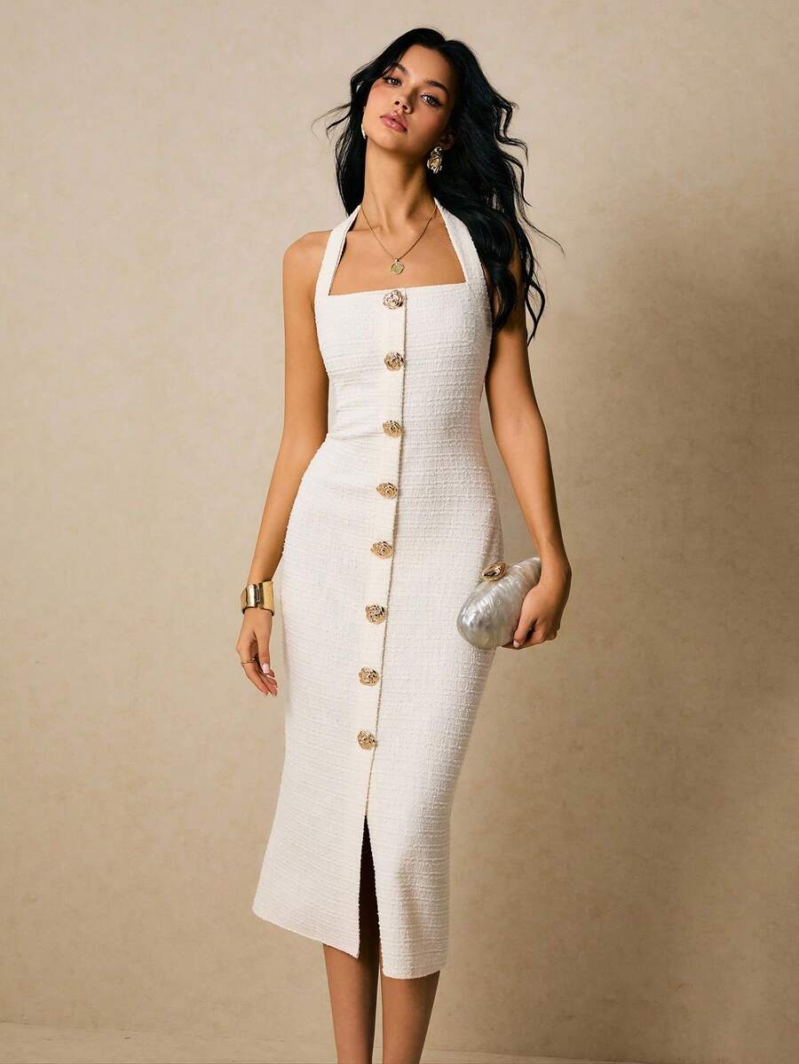 Poéselle Ivory Tweed Halter Midi Dress With Gold Rose Buttons | Elegant Column,Tweed Midi Dress, Halter Neck Dress, Bodycon Dress, Gold Button Dress, Quiet Luxury Style,Women's Elegant Front Button Backless Bodycon Dress, Summer,Suitable For Daily Wear, Going Out, Commuting, Dating, Weddings, Parties, Vacations And Other Occasions,Fall Women Clothes White Dresses Classy Elegant - White - View 1