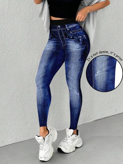 INAWLY Quần legging denim in họa tiết cho nữ, kiểu dáng dài phù hợp cho mùa hè