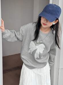 DAZY Tween Size Round Neck Knitted Fleece Sweatshirt With Bow Embroidery Fall,Winter - Grey - View 7
