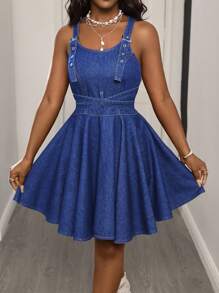 BamGleam 休闲优雅女式牛仔连衣裙 - 藍色 - 查看 6