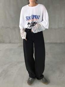 FRIFUL Women's White Round Neck Drop Shoulder Sheer Lace Patchwork Chest Print Loose Casual Versatile T-Shirt, Autumn - White - View 2