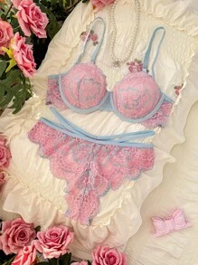 PetitDoll 2 件套女士性感蕾丝内衣套装，聚拢钢圈文胸 - 淺粉色 - 查看 6