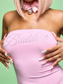 SUMWON WOMEN 无肩带荷叶边下摆迷你连衣裙夏季紧身设计派对俱乐部夜间外出修身晚装荷叶边短款节日生日庆祝服装 - 粉色 - 查看 4