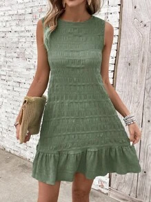 Breezaya 女士紋理後綁帶領口荷葉邊夏季休閒連衣裙 - 薄荷綠 - 查看 4