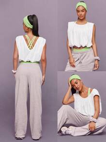 GLOWMODE 比马棉 柔软有弹性 轻盈 腰长 泡泡袖 深 V 型背心 无袖 肌肉短款上衣 日常休闲装 - 白色 - 查看 7