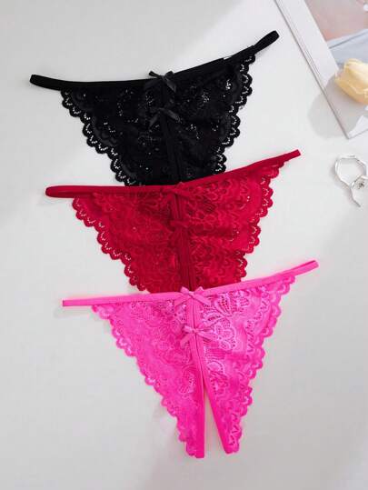 3pcs/Pack Sexy Lace Crotchless Panties, Going Out