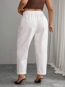 Elenzga Plus Size Casual Versatile Solid Color Tapered Jeans - White - View 2