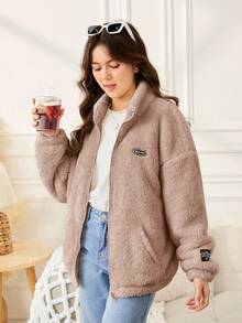 SHEIN Teen Girl Solid Color Double-Sided Fleece Patchwork Collar Casual Jacket In Fall/Winter