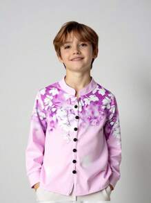 小男孩休闲印花立领长袖衬衫，适合春秋季休闲穿着 - 彩色 - 查看 1