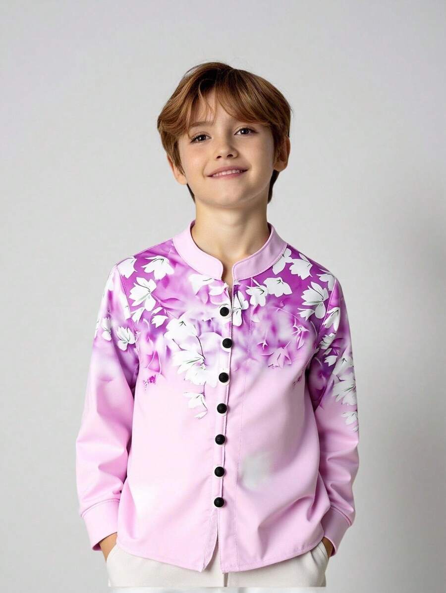 小男孩休闲印花立领长袖衬衫，适合春秋季休闲穿着 - 彩色 - 查看 1