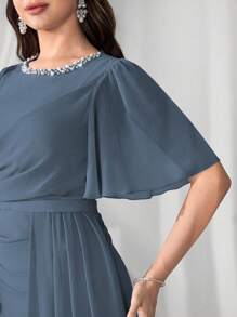 Coutiva Luxury Evening Gown, Ballroom Dress With Faux Pearl Collar, High-End Elegant Lady Chic Exquisite Dress - Dusty Blue - View 6