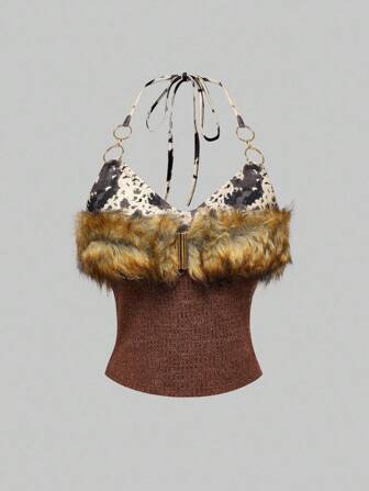 Hippie Crop top sexy de mujer estilo Y2K, chaleco de cuello halter con detalles de ganchillo y tela de estampado de leopardo de 2 en 1