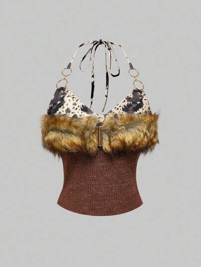 Hippie Crop top sexy de mujer estilo Y2K, chaleco de cuello halter con detalles de ganchillo y tela de estampado de leopardo de 2 en 1