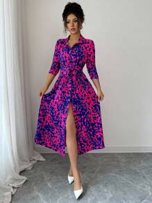 SHEIN LUNE Vestido largo con manga larga y cuello en V profundo con abertura, estampado de moda para mujer, outfit - Multicolor - Ver 5