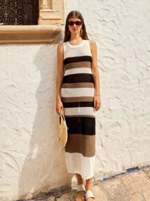 Maija Robe en tricot ajustée sans manches à motif rayé bicolore, décontractée pour femme - Multicolore - Voir 1