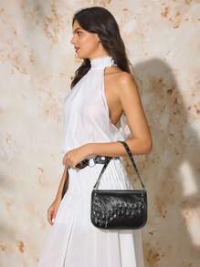 SHECARRY Bolso de hombro de metal de unicolor y versátil con ojales, apropiado para uso diario de mujeres - Negro - Ver 7