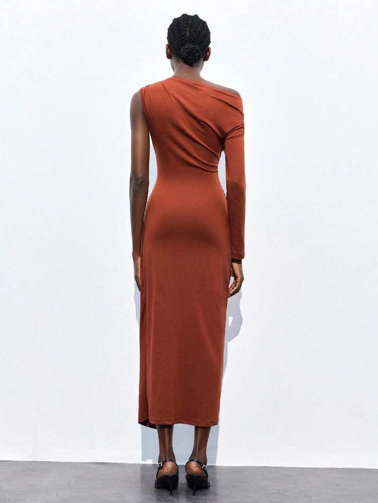 SHEIN Maija Robe longue à manches longues avec épaule asymétrique froncée de couleur unie, robes élégantes pour femmes pour l'automne, la croisière, les tenues de mariage, les fêtes, les tenues modestes, les robes de dîner en orange pour femmes