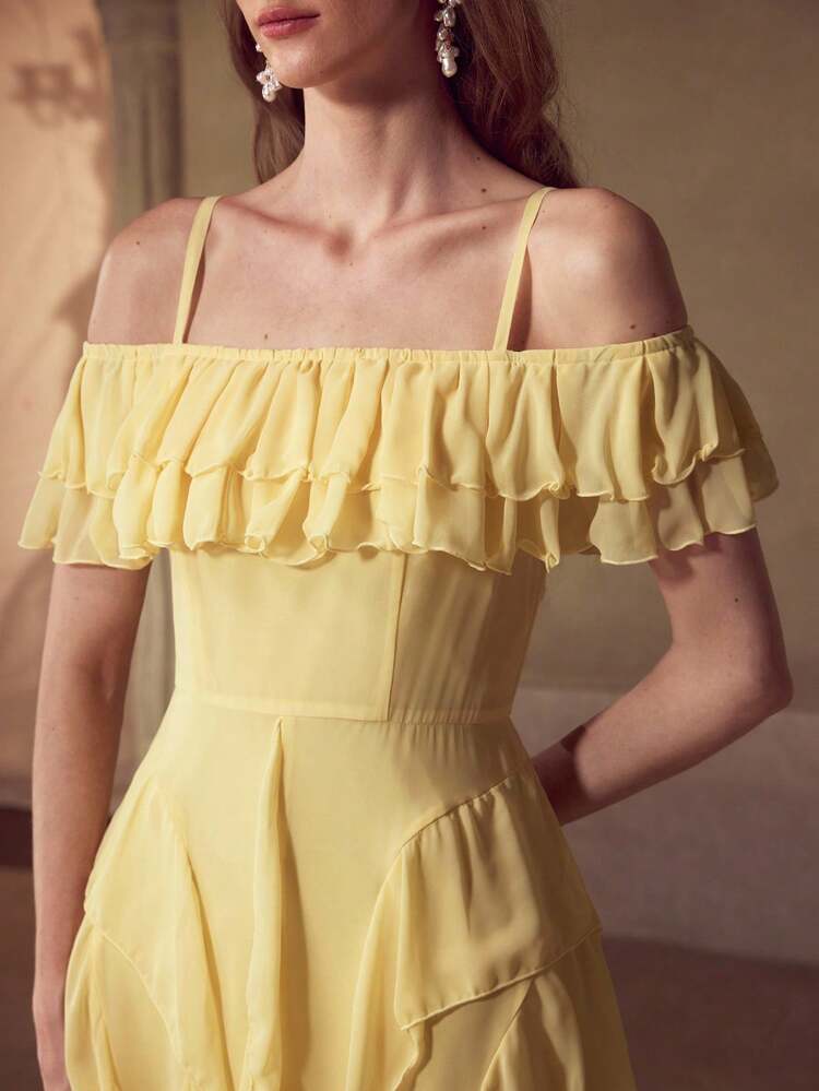 MOTF Soiréza WOMEN'S SOLID COLD SHOULDER LAYERED RUFFLED SPLIT THIGH LONG DRESS