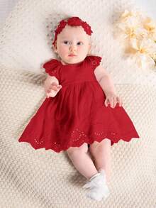 SHEIN Newborn Baby Girl Floral Trim Round Neck Ruffle Waist Dress - Red - View 6