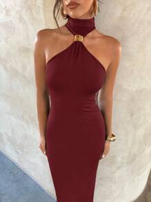 Aloruh 女士优雅性感金属扣装饰镂空紧身弹力连衣裙 - 酒紅色 - 查看 4