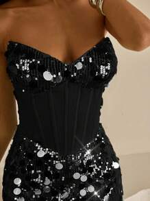 Vowa Robe mini élégante et luxueuse en tricot élastique avec patchwork de sequins, convient pour le mariage, la fête, les vacances, le bal - Noir - Voir 4