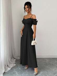 Elenzga Váy dạ hội chữ A sang trọng cổ điển thanh lịch, tay bồng cánh bướm, lưới 3D màu tím, eo khoét sâu, dây mảnh - màu đen - Xem 3