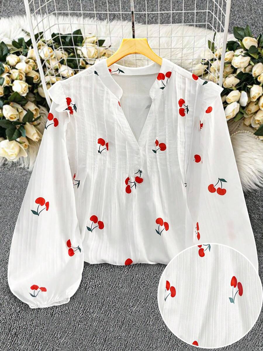 Linhara Áo thun dài tay in họa tiết quả anh đào cỡ lớn cho nữ đi nghỉ mát - Nhiều màu - Xem 1