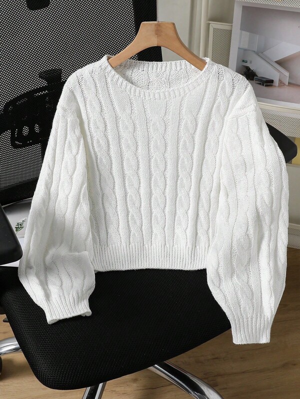 1 pezzo Maglione corto lavorato a trecce per ragazze pre-adolescenti - Maglione girocollo con maniche a palloncino, design minimale a corda attorcigliata, top leggero adatto per la scuola e il casual, outfit carino per primavera/autunno