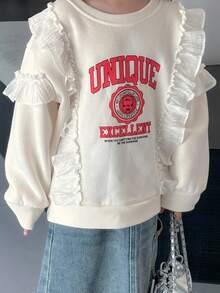 Dazy Kids 年轻女孩荷叶边字母印花圆领运动衫 - 米色 - 查看 8