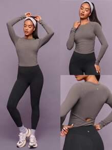 GLOWMODE FeatherFit™ Twist And Flow 圆领 扭背 拇指孔 内置胸罩 长袖上衣 低冲击瑜伽 普拉提 芭蕾 健身房 工作室 日常休闲装 - 深灰色 - 查看 7