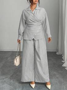 Modelyn Plus Size Woven Striped Long Sleeve Tie-Front 2 Pieces Set - Grey - View 5