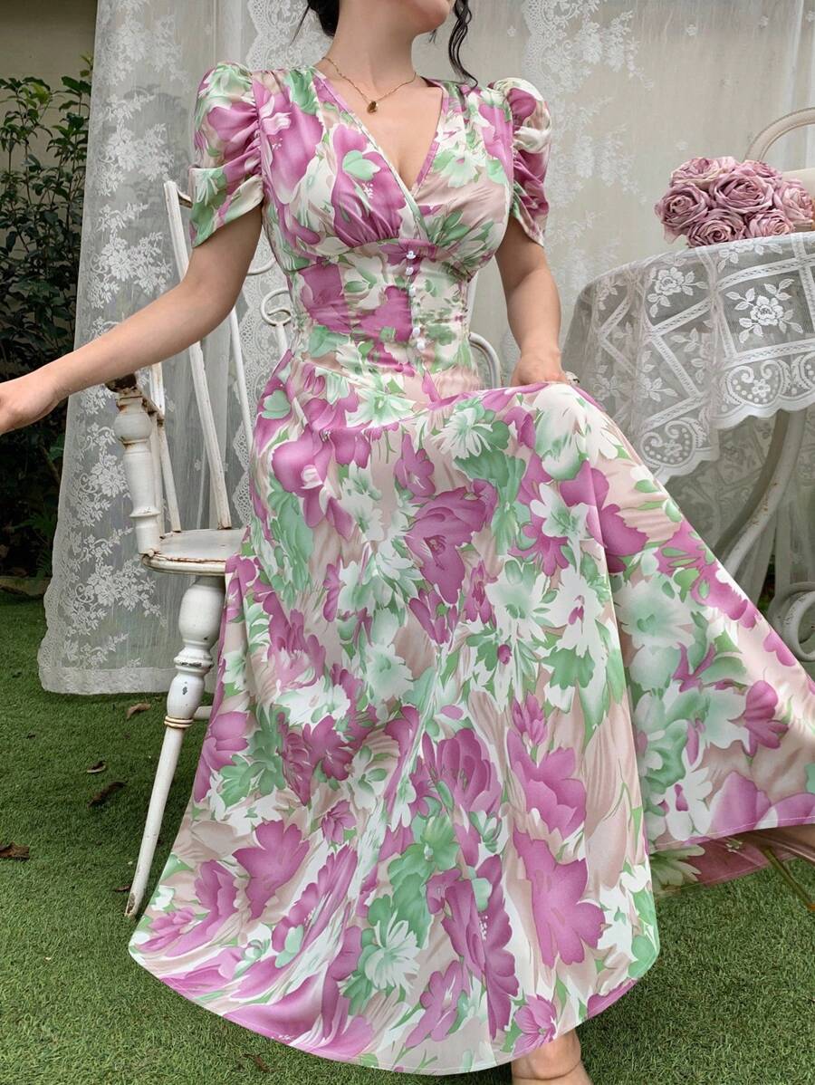 Modelyn 珍珠纽扣装饰交叉领口泡泡袖修身女式连衣裙 - 彩色 - 查看 1