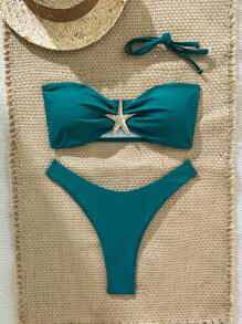 SHEIN Swim Bikini da donna a tinta unita con spalline a spaghetti, decorazione in metallo a forma di stella marina, sexy, estivo - Blu verde acqua - Visualizzare 3