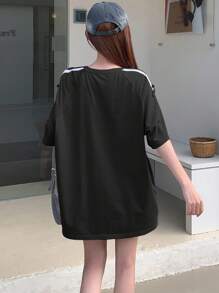 DAZY 女士丝带装饰蝴蝶结刺绣宽松短袖T恤超大T恤 - 黑與白 - 查看 4