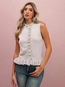 Enchnt Chaleco de punto de mujer de un solo pecho con volantes y bajo de moda de unicolor