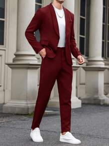 Calvornis 男士纯色披肩领长袖夹克和裤子商务旅行酒红色西装套装