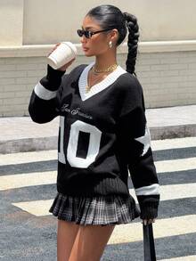 SHEIN 少女毛衣 少女拼色 V 领休闲宽松学院风图案套头毛衣 - 黑與白 - 查看 3