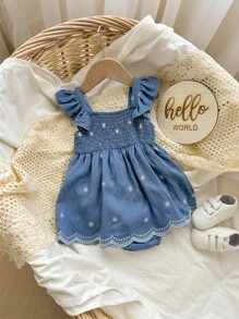 Babygirl Cute Vacation Blue Floral Pattern Cap Sleeve Romper