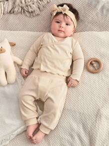 SHEIN 6pcs Newborn Solid Color Long Sleeve Top And Pants Set, Fashionable For Summer Fall Winter