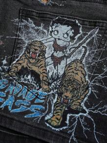 Betty Boop | ROMWE Y2K 复古虎纹紧身迷你牛仔裙 - 黑色 - 查看 5