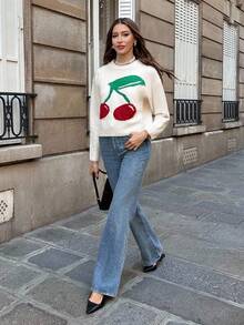 Chiquease Women's Minimalist Long Sleeve Cherry Knit Pullover Sweater - Apricot - View 3